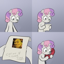 Size: 2000x2000 | Tagged: safe, sweetie belle, ogre, pony, unicorn, g4, call me for a good time, exploitable meme, female, filly, implied infidelity, male, meme, shrek, shrek (character), shrek is love shrek is life, sweetie's note meme