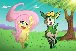 Size: 1200x812 | Tagged: safe, artist:willdrawforfood1, fluttershy, deerling, pegasus, pony, g4, :d, crossover, duo, female, grass, looking at each other, looking at someone, mare, open mouth, open smile, outdoors, pokémon, smiling, spread wings, tree, wings