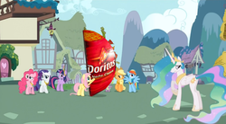 Size: 852x469 | Tagged: safe, edit, edited screencap, screencap, applejack, fluttershy, pinkie pie, princess celestia, rainbow dash, rarity, twilight sparkle, g4, keep calm and flutter on, doritos, elements of harmony, taco, taco bell dorito shell