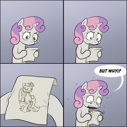 Size: 1280x1280 | Tagged: safe, artist:buttercupsaiyan, sweetie belle, twilight sparkle, g4, but why, exploitable meme, meme, note, sweat, sweating profusely, sweetie's note meme, toilet