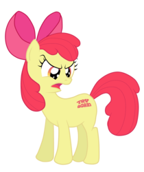 Size: 1412x1681 | Tagged: safe, artist:hendocrinogeno, apple bloom, earth pony, pony, g4, alternate cutie mark, angry, apple bloom's bow, apple bloom's cutie mark, bow, cutie mark, female, filly, foal, frown, hair bow, simple background, solo, text, transparent background, try again