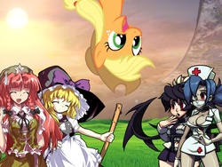 Size: 1024x768 | Tagged: safe, applejack, human, pony, g4, cleavage, crossover, female, filia, halo (series), hong meiling, kirisame marisa, samson, silly, silly pony, skullgirls, touhou, upside down, valentine (skullgirls)