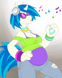 Size: 800x1000 | Tagged: safe, artist:rozga, dj pon-3, vinyl scratch, anthro, g4, belly, big belly, breasts, busty vinyl scratch, cleavage, clothes, curved horn, female, headphones, horn, ipod, jeans, music, pregnant, solo