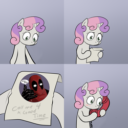 Size: 2000x2000 | Tagged: safe, sweetie belle, g4, call me for a good time, deadpool, exploitable meme, meme, sweetie's note meme