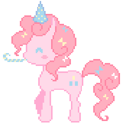 Size: 440x440 | Tagged: safe, artist:hima-hima, pinkie pie, earth pony, pony, g4, ^^, beady eyes, blush sticker, blushing, cute, diapinkes, eyes closed, female, full body, gif, hat, mare, noisemaker, non-animated gif, party hat, party horn, pixel art, profile, side view, simple background, small ears, solo, standing, transparent background
