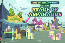 Size: 953x634 | Tagged: safe, artist:kturtle, edit, edited screencap, screencap, caboose, caramel, fluttershy, goldengrape, lucy packard, lyra heartstrings, sir colton vines iii, earth pony, pegasus, pony, unicorn, g4, putting your hoof down, aquarius/let the sunshine in, asparagus, bad pun, butt, female, male, mare, market, mouth hold, plot, pun, song reference, stallion, the fifth dimension