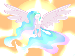 Size: 2000x1495 | Tagged: safe, artist:russiankolz, princess celestia, pony, g4, female, flying, glowing eyes, solo