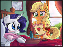 Size: 1454x1091 | Tagged: safe, artist:walliscolours, applejack, rarity, sweetie belle, earth pony, pony, unicorn, semi-anthro, g4, apron, bathrobe, bed, bipedal, blushing, breakfast, breakfast in bed, clothes, cute, daaaaaaaaaaaw, duo, female, freckles, heartwarming, hnnng, jackabetes, lesbian, looking at each other, mare, pancakes, raribetes, rose, ship:rarijack, shipping, sick, smiling, sweet dreams fuel, willisninety-six is trying to kill us, willisninety-six is trying to murder us