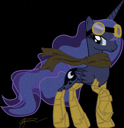 Size: 881x906 | Tagged: safe, artist:kittyhawkman, princess luna, alicorn, pony, g4, boots, clothes, female, goggles, scarf, simple background, solo, steampunk