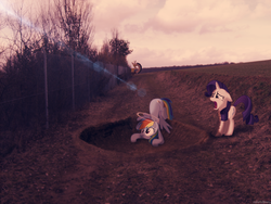 Size: 2560x1920 | Tagged: safe, artist:colorfulbrony, discord, rainbow dash, rarity, g4, crater, irl, photo, ponies in real life
