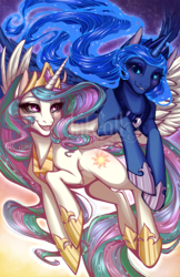 Size: 712x1100 | Tagged: safe, artist:inkfall, princess celestia, princess luna, alicorn, pony, g4, duo, female, flying, mare, open mouth, royal sisters, smiling