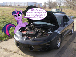 Size: 1600x1194 | Tagged: safe, artist:diabeetusdragon, twilight sparkle, pony, unicorn, g4, bipedal, bipedal leaning, car, dialogue, female, irl, leaning, mare, photo, ponies in real life, pontiac firebird, solo, speech bubble, unicorn twilight