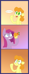 Size: 389x990 | Tagged: safe, artist:artflicker, carrot top, golden harvest, pinkie pie, g4, comic, cupcake, eating, food, pinkamena diane pie