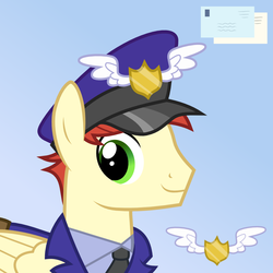 Size: 900x900 | Tagged: dead source, safe, artist:toughbluff, care package, special delivery, pegasus, pony, g4, avatar, background pony, blue background, clothes, cute, mailpony, male, simple background, solo, stallion, uniform