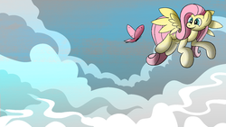 Size: 1280x720 | Tagged: safe, artist:idontkn0ow, fluttershy, butterfly, pony, g4, cloud, cloudy, female, flying, solo