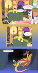 Size: 1680x3150 | Tagged: safe, artist:ambrosebuttercrust, basil, fluttershy, rarity, dragon, dragonshy, g4, clothes, comic, feet, fluttershy's cottage, knitting, socks