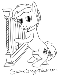 Size: 1280x1633 | Tagged: safe, artist:saine grey, parish nandermane, earth pony, pony, g4, 30 minute art challenge, black and white, bowtie, grayscale, harp, monochrome, musical instrument, simple background, sitting, solo, stool, white background