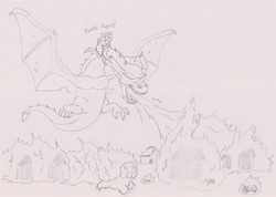 Size: 1500x1065 | Tagged: safe, artist:santanon, dragon, fluffy pony, fire, fluffy pony original art