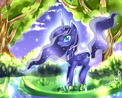 Size: 1024x819 | Tagged: safe, artist:aquagalaxy, princess luna, pony, g4, female, glowing, solo, tree