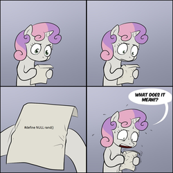 Size: 1100x1100 | Tagged: safe, sweetie belle, pony, unicorn, g4, c (language), c++, exploitable meme, female, meme, programmer humor, programming, solo, sweetie's note meme