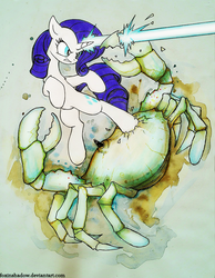 Size: 600x775 | Tagged: safe, artist:foxinshadow, rarity, crab, g4, blast, fight, magic, magic beam, magic blast, rarity fighting a giant crab, traditional art