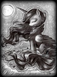 Size: 1024x1391 | Tagged: safe, artist:biackfang, princess luna, pony, g4, eyes closed, female, monochrome, moon, sitting, solo