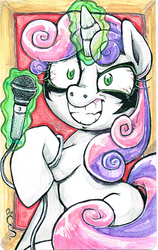 Size: 1022x1622 | Tagged: safe, artist:buttercupsaiyan, sweetie belle, g4, crazybelle, insanity, magic, microphone, traditional art