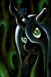 Size: 1200x1800 | Tagged: dead source, safe, artist:spiritofthwwolf, queen chrysalis, changeling, changeling queen, g4, fangs, female, forked tongue, green eyes, horn