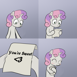 Size: 2000x2000 | Tagged: safe, sweetie belle, g4, blushing, comic, exploitable meme, happy, hug, meme, paper, sweetie hugs a note, sweetie's note meme