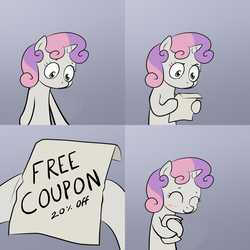 Size: 2000x2000 | Tagged: safe, artist:lemondevil, sweetie belle, g4, blushing, comic, coupon, exploitable meme, happy, hug, hug coupon, meme, note, paper, sweetie hugs a note, sweetie's note meme