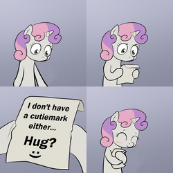 Size: 2000x2000 | Tagged: safe, sweetie belle, g4, blushing, comic, exploitable meme, happy, hug, meme, sweetie hugs a note, sweetie's note meme