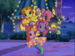 Size: 640x480 | Tagged: safe, screencap, brights brightly, cheerilee (g3), rarity (g3), pony, unicorn, a very pony place, come back lily lightly, g3, lights, tangled up, tied up, trio
