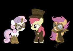 Size: 900x637 | Tagged: safe, artist:kittyhawkman, apple bloom, scootaloo, sweetie belle, earth pony, pegasus, pony, unicorn, g4, clothes, cutie mark crusaders, female, filly, goggles, hat, scarf, steampunk, top hat