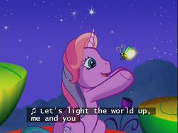 Size: 640x480 | Tagged: safe, screencap, lily lightly, firefly (insect), a very pony place, come back lily lightly, g3, cute, daaaaaaaaaaaw, flower, lily cutely, night, shine on, singing, song, stars, subtitles