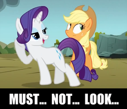 Size: 550x470 | Tagged: safe, edit, screencap, applejack, rarity, dragonshy, g4, caption, female, lesbian, lidded eyes, out of context, ship:rarijack, shipping