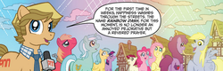 Size: 971x311 | Tagged: safe, artist:tony fleecs, idw, official comic, berry punch, berryshine, big macintosh, derpy hooves, fluttershy, lyra heartstrings, news break, pinkie pie, roseluck, sunshower raindrops, twilight sparkle, earth pony, pony, g4, micro-series #2, my little pony micro-series, official, comic, implied rainbow dash, male, pnn, stallion