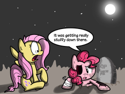 Size: 1024x768 | Tagged: safe, fluttershy, pinkie pie, zombie, ask zombie pinkie pie, g4, ask, epitaph, grave, gravestone, rest in peace