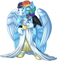 Size: 1286x1368 | Tagged: safe, artist:kittehkatbar, rainbow dash, soarin', anthro, unguligrade anthro, g4, clothes, dress, female, hooves, male, marriage, ship:soarindash, shipping, simple background, straight, suit, transparent background