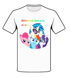 Size: 622x689 | Tagged: safe, dj pon-3, pinkie pie, rainbow dash, rarity, vinyl scratch, g4, clothes, female, lesbian, rainbow dash likes girls (stay gay pony girl), renard, song reference, t-shirt