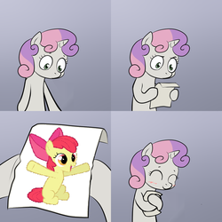 Size: 700x700 | Tagged: safe, apple bloom, sweetie belle, g4, cute, exploitable meme, happy, hug, meme, sweetie hugs a note, sweetie's note meme