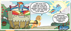 Size: 814x352 | Tagged: safe, artist:tony fleecs, idw, official comic, applejack, rainbow dash, earth pony, pegasus, pony, g4, micro-series #2, my little pony micro-series, official, spoiler:comic, aladdin sane, butt, comic, david bowie, female, mare, plot, ziggy stardust