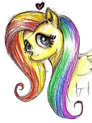 Size: 702x932 | Tagged: safe, fluttershy, g4, folded wings, heart, multicolored hair, rainbow hair, side view, simple background, solo, traditional art, white background, wings