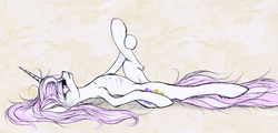Size: 1280x616 | Tagged: safe, artist:madhotaru, fleur-de-lis, pony, g4, anorexic, chest fluff, concave belly, female, flexible, mare, on back, ribs, skinny, solo, stretching, thin