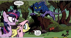 Size: 902x487 | Tagged: safe, artist:andy price, idw, official comic, fluttershy, twilight sparkle, chupacabra, pegasus, pony, unicorn, g4, the return of queen chrysalis, spoiler:comic, comic, duo, female, forest, leaves, mare, messy mane, scared, sticks, unicorn twilight, unusually uninteresting sight