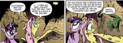 Size: 910x320 | Tagged: safe, artist:andypriceart, idw, fluttershy, twilight sparkle, dragon, frill-necked lizard, lizard, pegasus, pony, reptile, unicorn, g4, the return of queen chrysalis, spoiler:comic, spoiler:comic03, chlamydosaurus, comic, dungeon, duo, female, hole, leaves, mare, oubliette, scared, spider web, sticks, trap (device), unkempt mane, wide eyes, ye olde oubliette