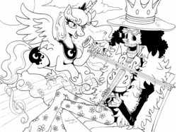 Size: 900x672 | Tagged: safe, artist:irie-mangastudios, princess luna, g4, brook, crossover, lineart, monochrome, musical instrument, one piece, violin