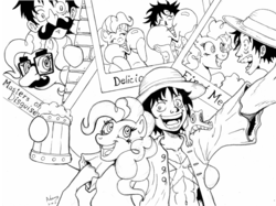 Size: 900x672 | Tagged: safe, artist:irie-mangastudios, gummy, pinkie pie, human, g4, cider, crossover, lineart, monkey d. luffy, one piece, photo