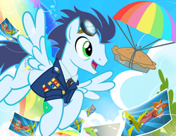 Size: 1000x773 | Tagged: safe, artist:pixelkitties, soarin', g4, clothes, cute, flying, pictures, pie, pixelkitties' brilliant autograph media artwork, soarinbetes, that pony sure does love pies, uniform