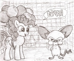 Size: 1000x821 | Tagged: dead source, safe, artist:unforgiven23, pinkie pie, g4, animaniacs, balloon, brain, crossover, grayscale, hilarious in hindsight, narf, parody, pinky (pinky and the brain), pinky and the brain, traditional art