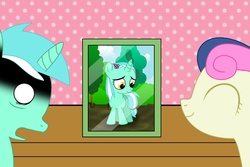 Size: 1500x1000 | Tagged: safe, artist:kahum, bon bon, lyra heartstrings, sweetie drops, earth pony, pony, unicorn, g4, alternate hairstyle, barrette, bon bon is amused, duo, filly, lyra is not amused, photo, shocked, smiling, younger